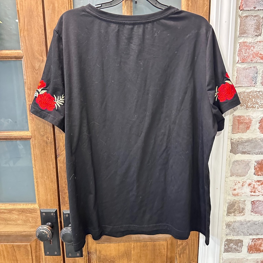 Emery Rose T-Shirt Women 3XL Black Floral Embroidered Short Sleeve Crew Neck Top - Picture 8 of 8